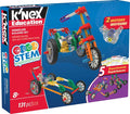 Red and blue K'NEX box showing a motorized toy tricycle and car built with 131 colorful building pieces.