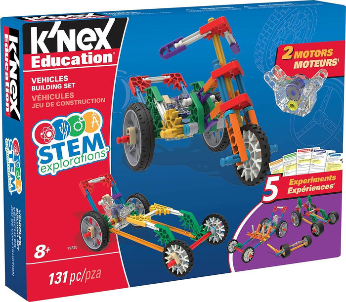 K'NEX Education box showing a colorful plastic trike and race car built with 131 pieces, 2 motors, and experiment cards.