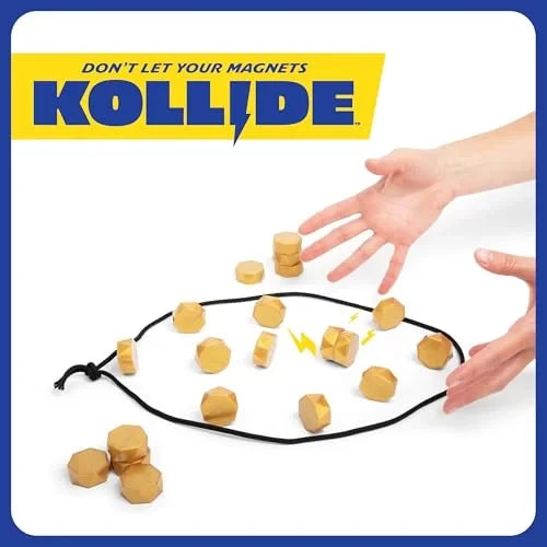 Gold faceted magnets inside a black string loop for the game KOLLIDE, with hands playing on a white background.