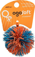 Orange and blue rubbery filament ball attached to an orange OgoSoft cardboard retail display tag.