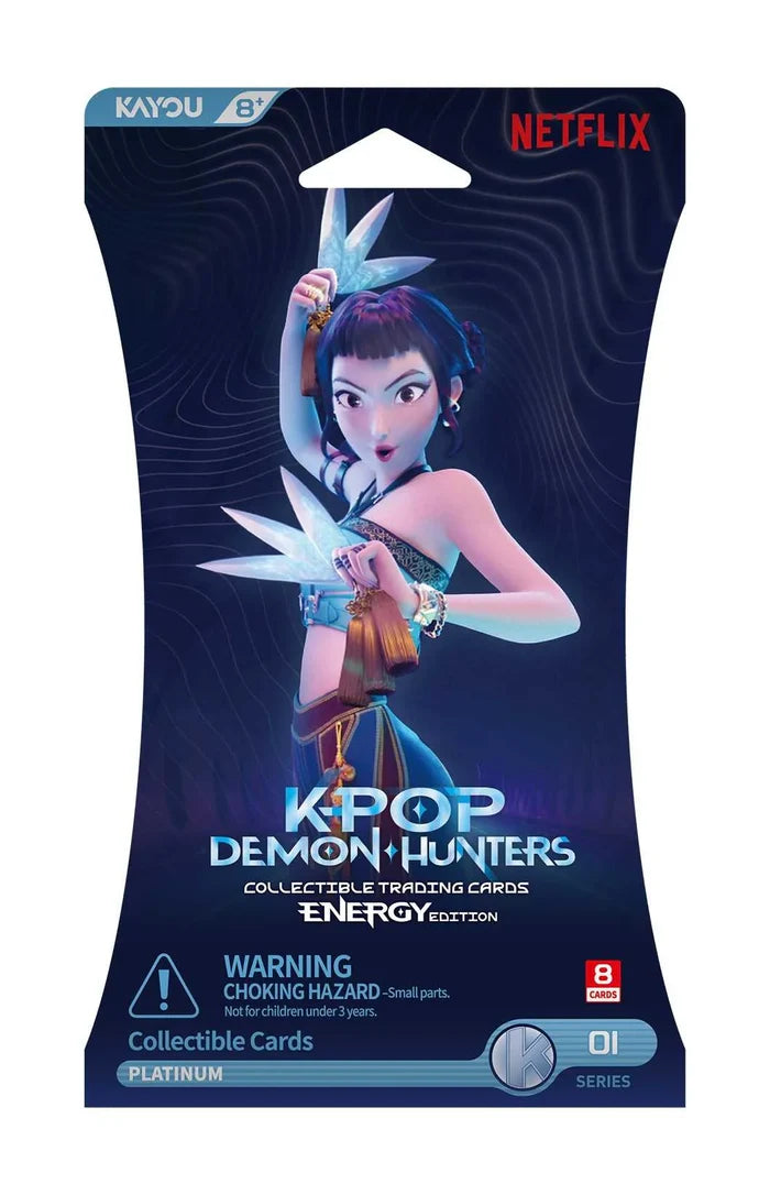 Blue trading card pack featuring a girl holding ice shards, Kayou and Netflix logos, on a dark, patterned background.