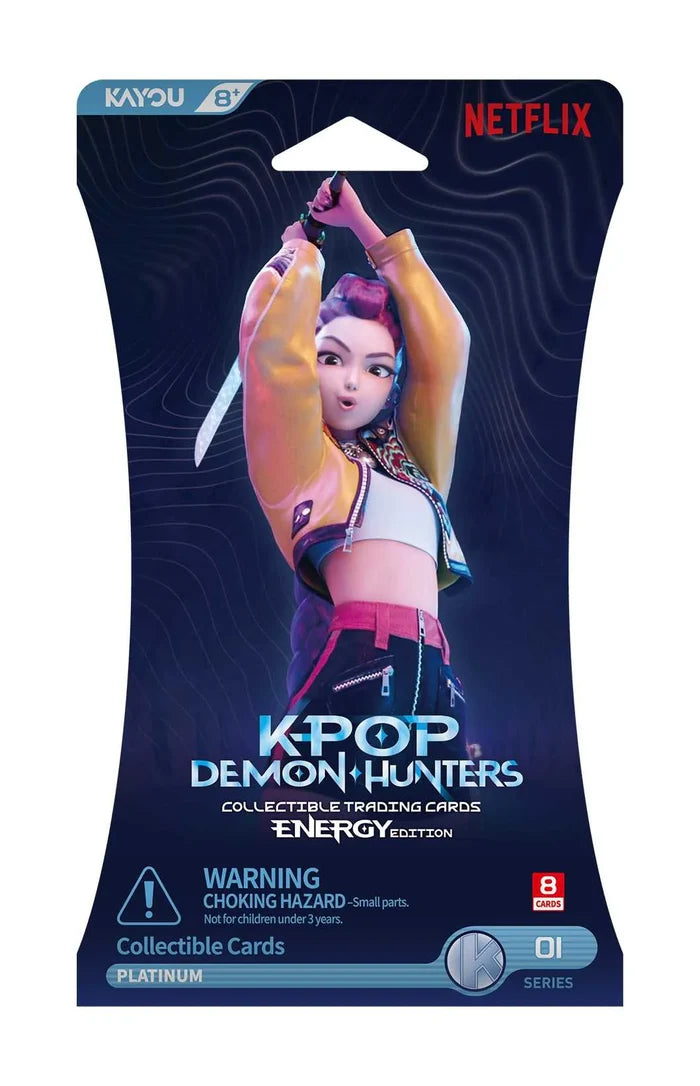 Blue trading card pack featuring an animated girl with pink hair holding a sword above her head in a yellow jacket.