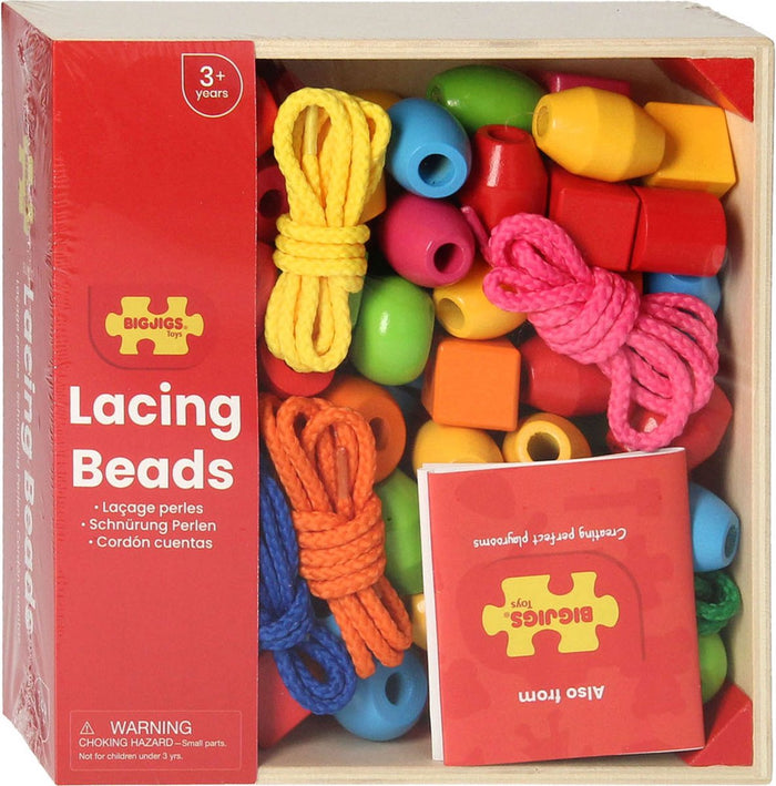 Colorful wooden lacing beads in various shapes and four bright laces in a wooden box with a red Bigjigs sleeve.