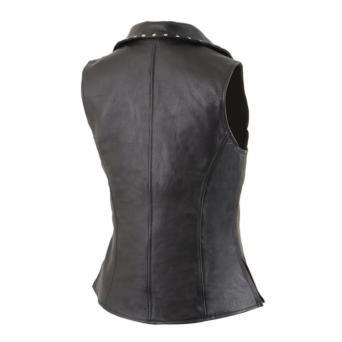 Ladies Black Leather Zipper Front Vest with Riveted M/C Lapel Collar