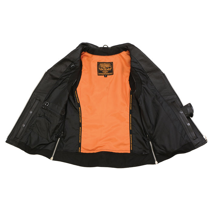 Ladies Black Leather Zipper Front Vest with Riveted M/C Lapel Collar