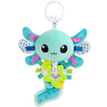 Teal plush axolotl toy with colorful ribbons, patterned gills, a green star teether, and a white hanging clip.