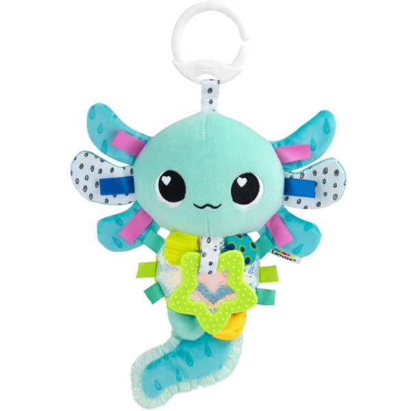 Teal plush axolotl toy with colorful ribbons, patterned gills, a green star teether, and a white hanging clip.