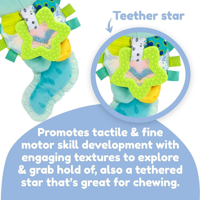 Close-up of a plush axolotl toy featuring a lime green star teether and text explaining its sensory benefits.