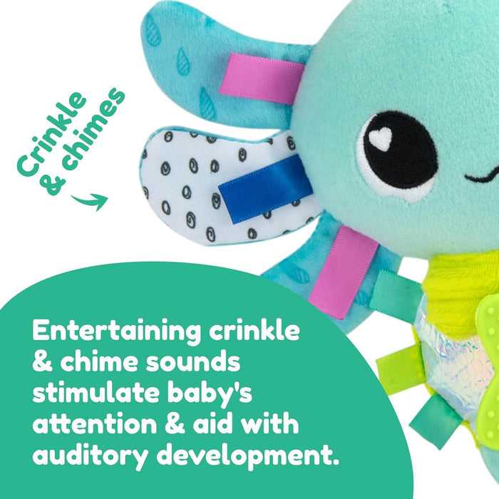 Teal plush axolotl toy with ribbon tags and patterned ears. Text describes crinkle and chime features.