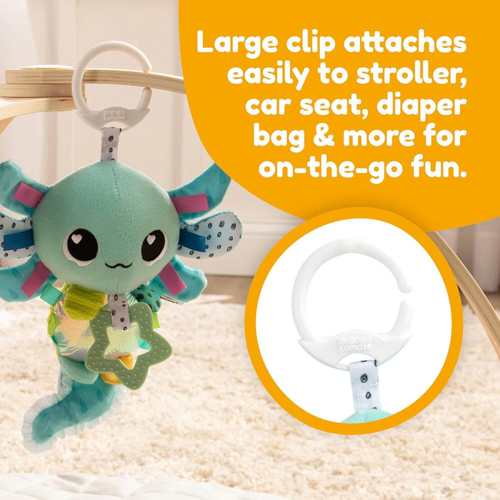 Teal plush axolotl toy with pink frills, a white hanging clip, and a green star-shaped teether.