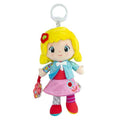 Soft plush doll with yellow pigtails, blue jacket, pink skirt, patterned legs, and a white ring for hanging.
