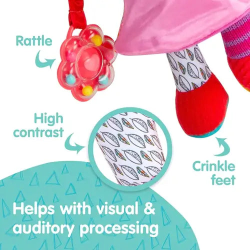 Close-up of a doll's pink flower rattle, high-contrast patterned leg, and red crinkle foot with text labels.