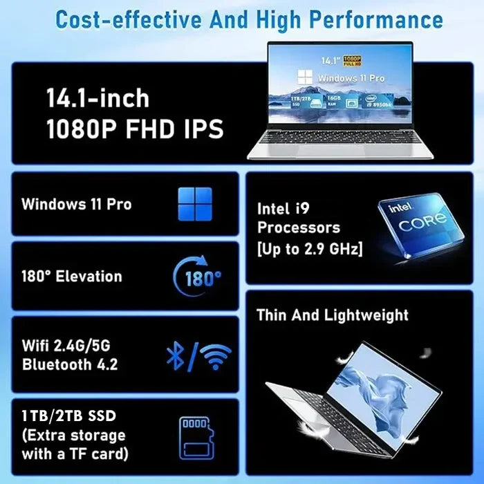 Laptop Intel Core i9 8950HK Gaming with Windows 11 Pro, 14.1-inch 1080P display, Intel i9 processor, 1TB/2TB SSD, WiFi 5G, and Bluetooth 4.2.