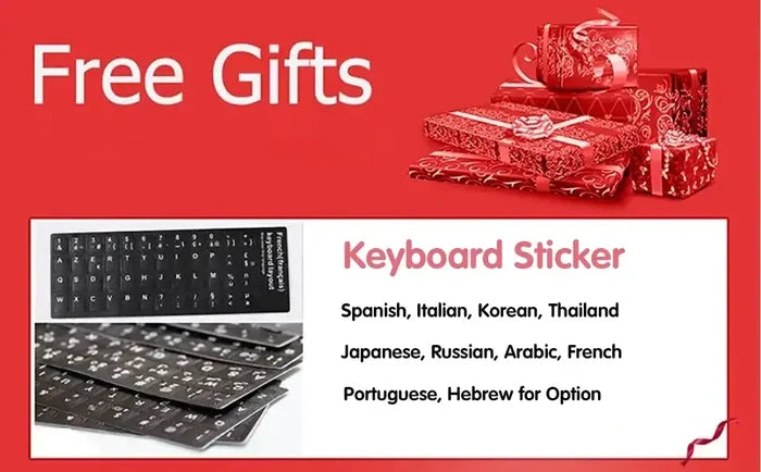 Free gifts with keyboard stickers in various languages including Spanish, Italian, Korean, and more