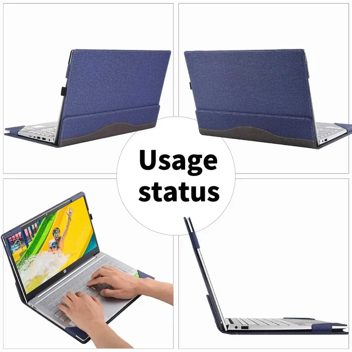 Laptop Sleeve for Lenovo ThinkPad E15 Gen 3, blue fabric, no zipper closure, showcases various usage angles, protects 15.6-inch laptop.