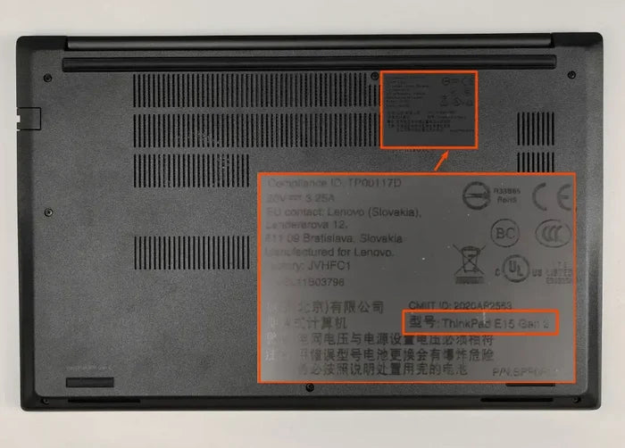 Bottom panel of Lenovo ThinkPad E15 Gen 3 showing model details, compatible with Nauxlu Laptop Sleeve, no zipper closure.