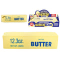 Yellow rectangular squishy toy printed with 'SALTED BUTTER' and '12.3oz' in blue text, shown next to its packaging.