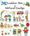 Cover of an Irish language children's book featuring colorful illustrations of a helicopter, fire engine, and animals.