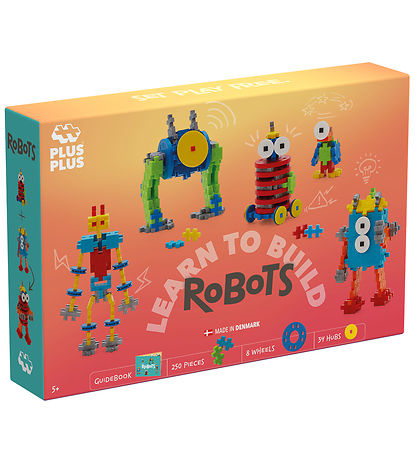 Plus Plus robot building set box featuring colorful toy robots made of small, interlocking plus-shaped pieces.