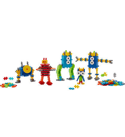 Five colorful toy robots built from interlocking plastic pieces in blue, red, yellow, and green on a white background.