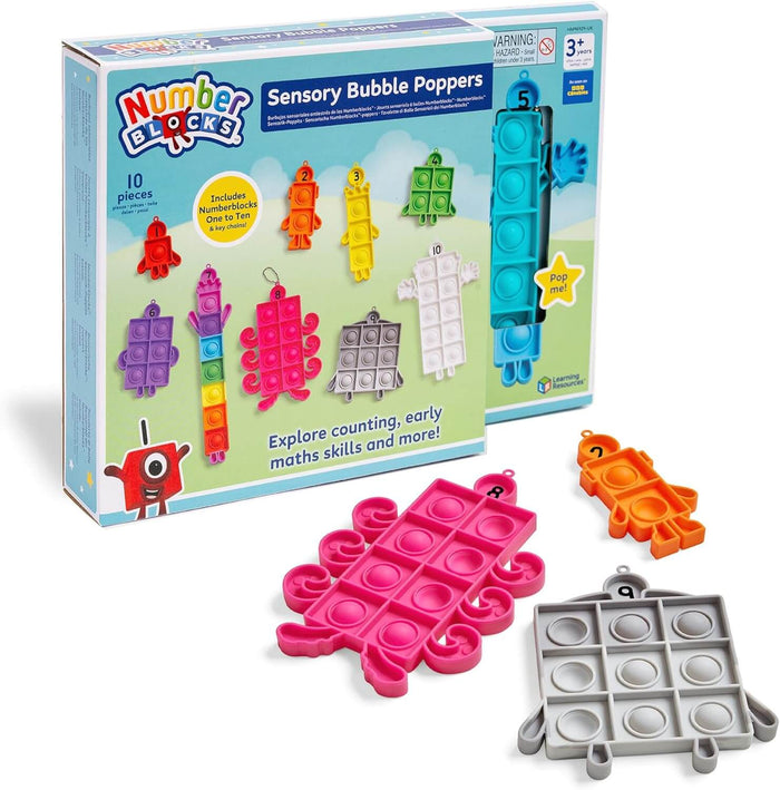 Numberblocks Sensory Bubble Poppers box with pink, orange, and grey character-shaped fidget toys on a white surface.