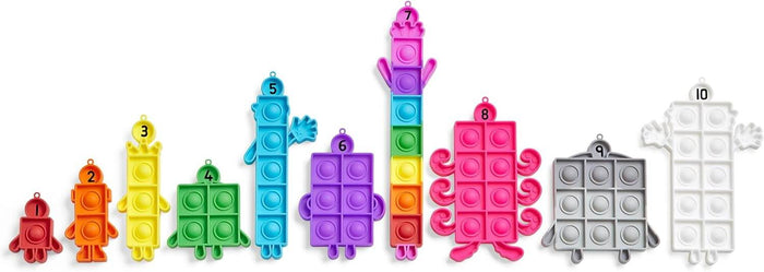 Ten colorful Numberblocks character pop toys numbered 1-10, each with a unique shape and matching bubble count.