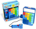 Blue toy music player with colorful numbered blocks and a wired microphone, shown beside its retail packaging.