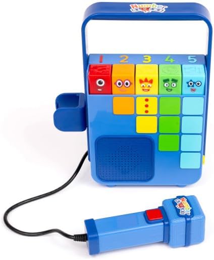 Blue toy music player with Numberblocks character buttons 1-5 and an attached blue microphone with a red button.