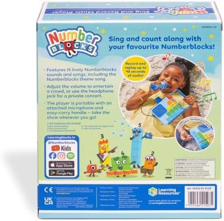 Back of a blue toy box showing a girl singing into a blue music player with colorful Numberblocks characters.