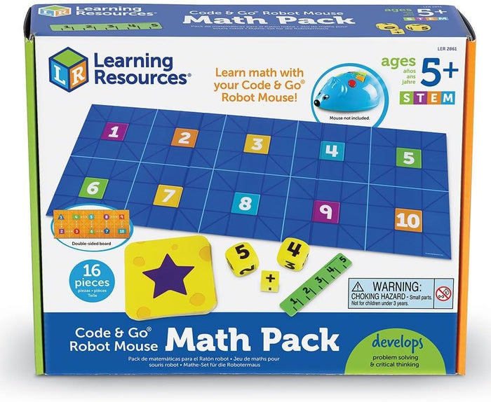 Learning Resources box showing a blue numbered grid mat, yellow dice, and math cards for children ages 5 and up.