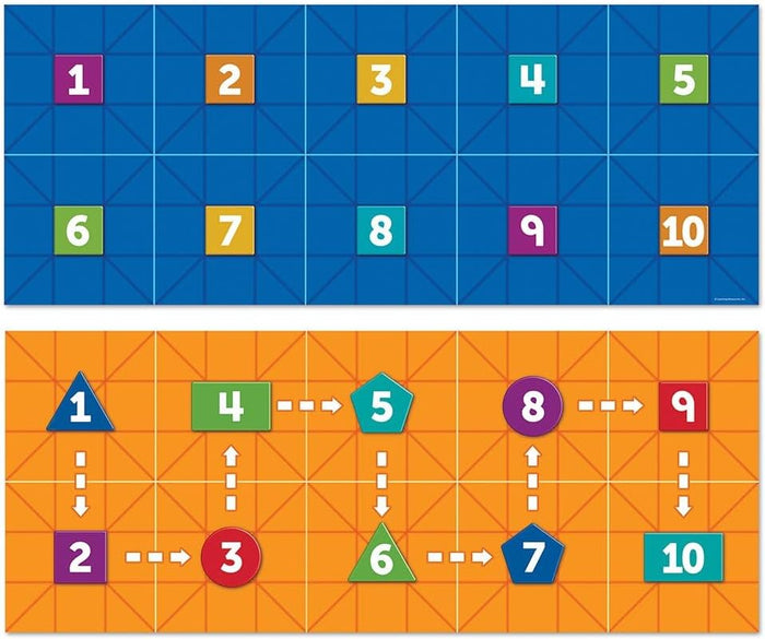 Blue and orange grids numbered 1-10, featuring colorful shapes and dashed arrows to create directional coding paths.
