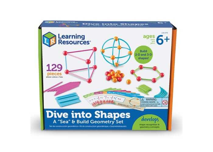 White box showing colorful 2D and 3D shapes built with plastic sticks and connector balls for a 129-piece geometry set.