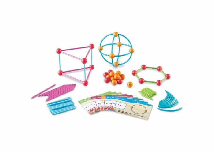 Colorful geometry set with straight and curved rods, connector spheres, and cards for building 2D and 3D shapes.