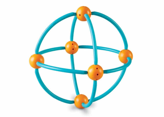 A 3D sphere construction made of curved teal rods and six round orange connector balls on a white background.