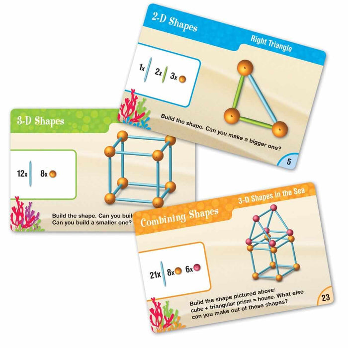 Three colorful activity cards showing 2D and 3D shapes built with plastic connector sticks and spheres.