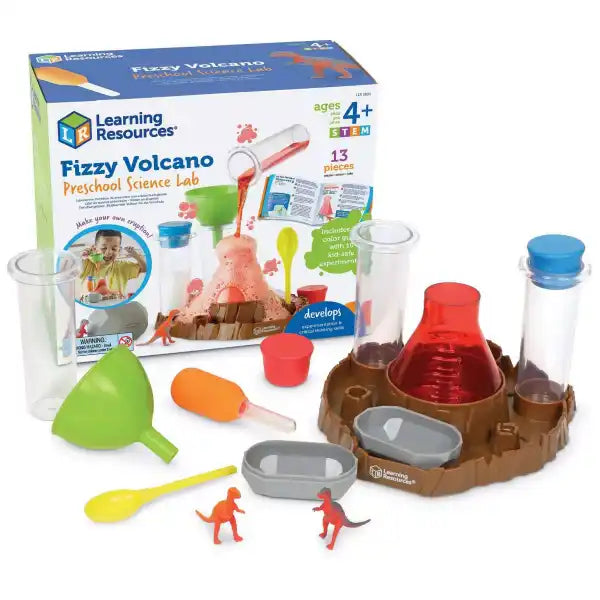 Preschool science kit with brown volcano base, red flask, tubes, and colorful tools displayed next to the box.