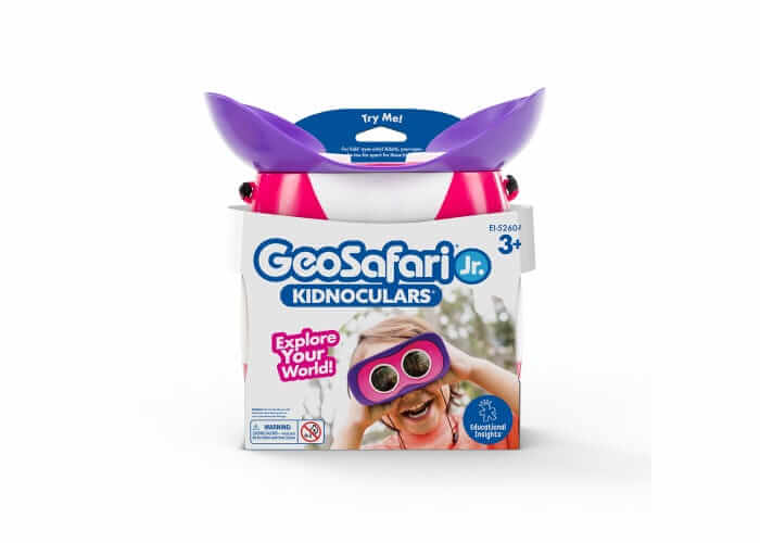 Pink, white, and purple binoculars with oversized eye cups in a box featuring a happy child using the toy.