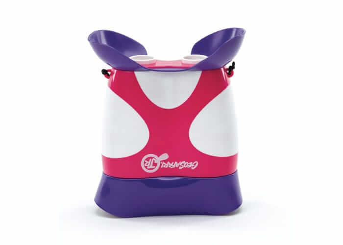 Pink and white chunky toy binoculars with large purple contoured eye guards, a flat purple base, and white side accents.
