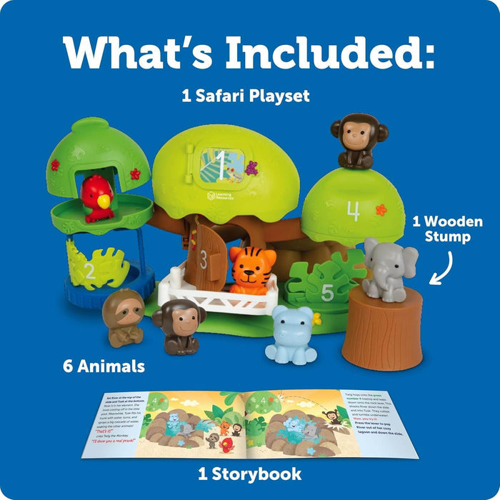 Green jungle treehouse with numbers 1-5, six animal figurines, a wooden stump base, and an open storybook.
