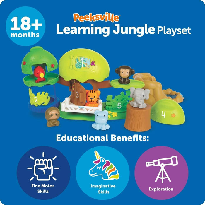 Toddler toy for 18+ months featuring a green treehouse, numbered dens, 6 animals, and developmental skill icons.