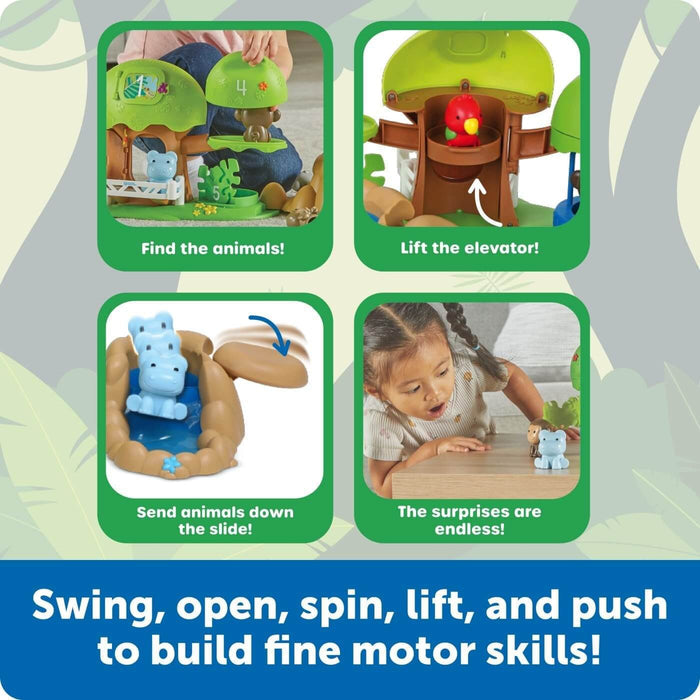 Collage of kids playing with a green jungle treehouse toy featuring a slide, elevator, and colorful animal figures.