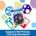 Five colorful plastic geometric templates in blue, purple, green, yellow, and red, arranged around clear packaging.