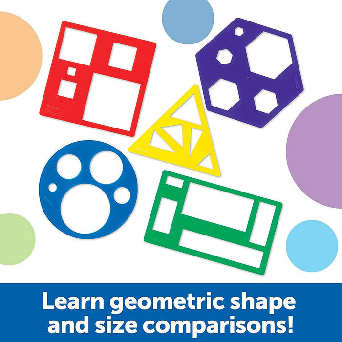 Five colorful plastic geometric shape templates in red, blue, green, yellow, and purple on a white background.