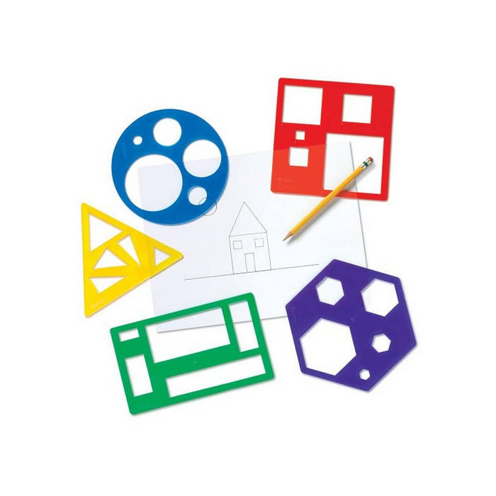 Five colorful plastic geometry templates on white paper with a pencil and house drawing.