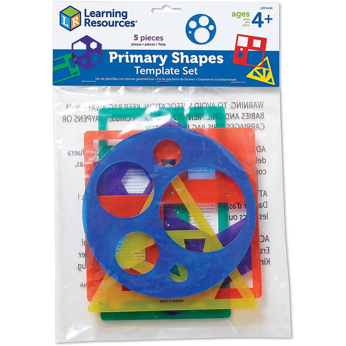 Five colorful plastic geometric templates in clear packaging with a blue Learning Resources header.