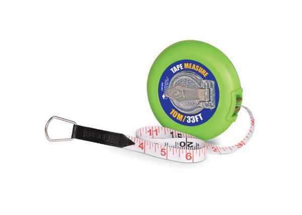 Bright green round tape measure with white tape pulled out, showing red and black numbers and a metal pull loop.