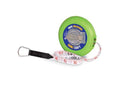 Bright green round tape measure with white tape pulled out, showing red and black numbers and a metal pull loop.