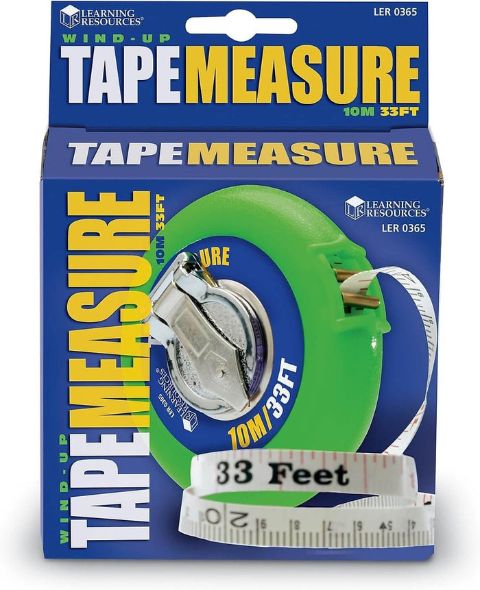 Bright green circular tape measure in blue packaging with a silver crank and white tape marked in feet and meters.