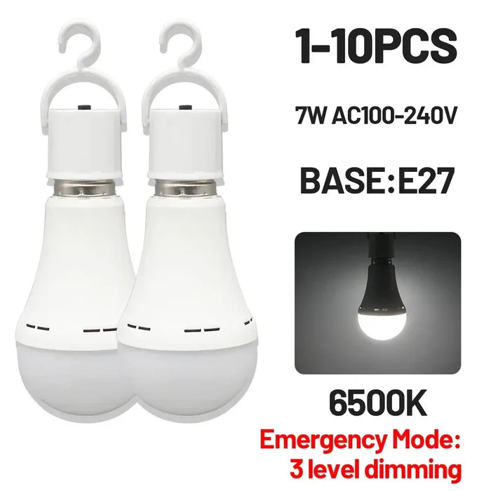LED Rechargeable Emergency Bulb Light with E27 base, 6500K, 7W, dimming modes, ideal for emergencies, 1-10 pieces pack displayed.