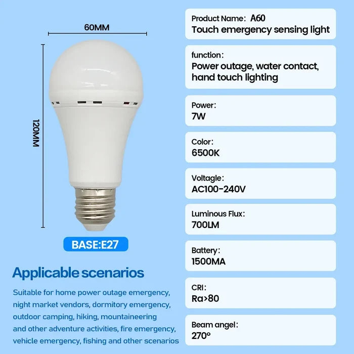 LED Rechargeable Emergency Bulb Light with E27 base, 700LM, 6500K, 7W, suitable for power outages and emergencies.